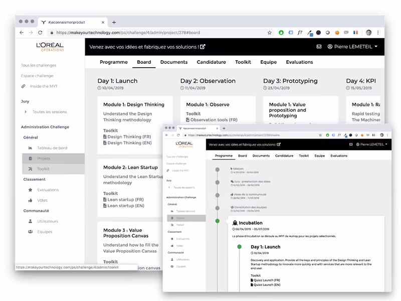 Screenshot of a L'Oréal Operations project management web interface with modules on design thinking and prototyping.
