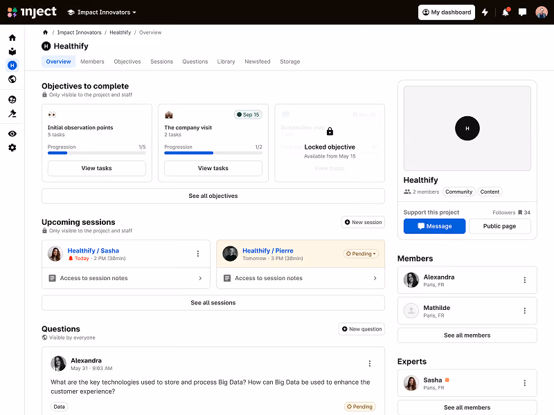 Dashboard interface displaying project Healthify with objectives, sessions, questions, members, and experts sections.