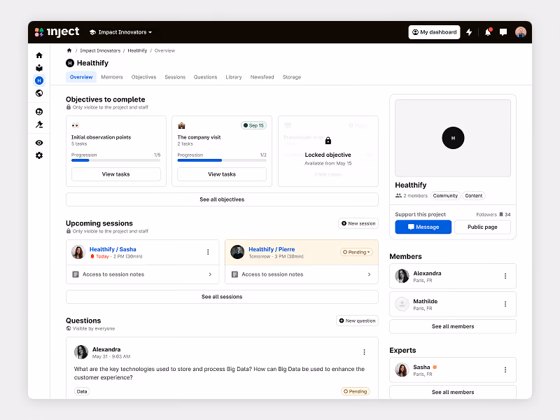 Dashboard interface displaying project Healthify with objectives, sessions, questions, members, and experts sections.