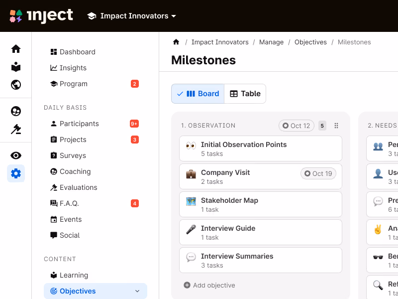 Dashboard page showing a list of milestones in the objectives section
