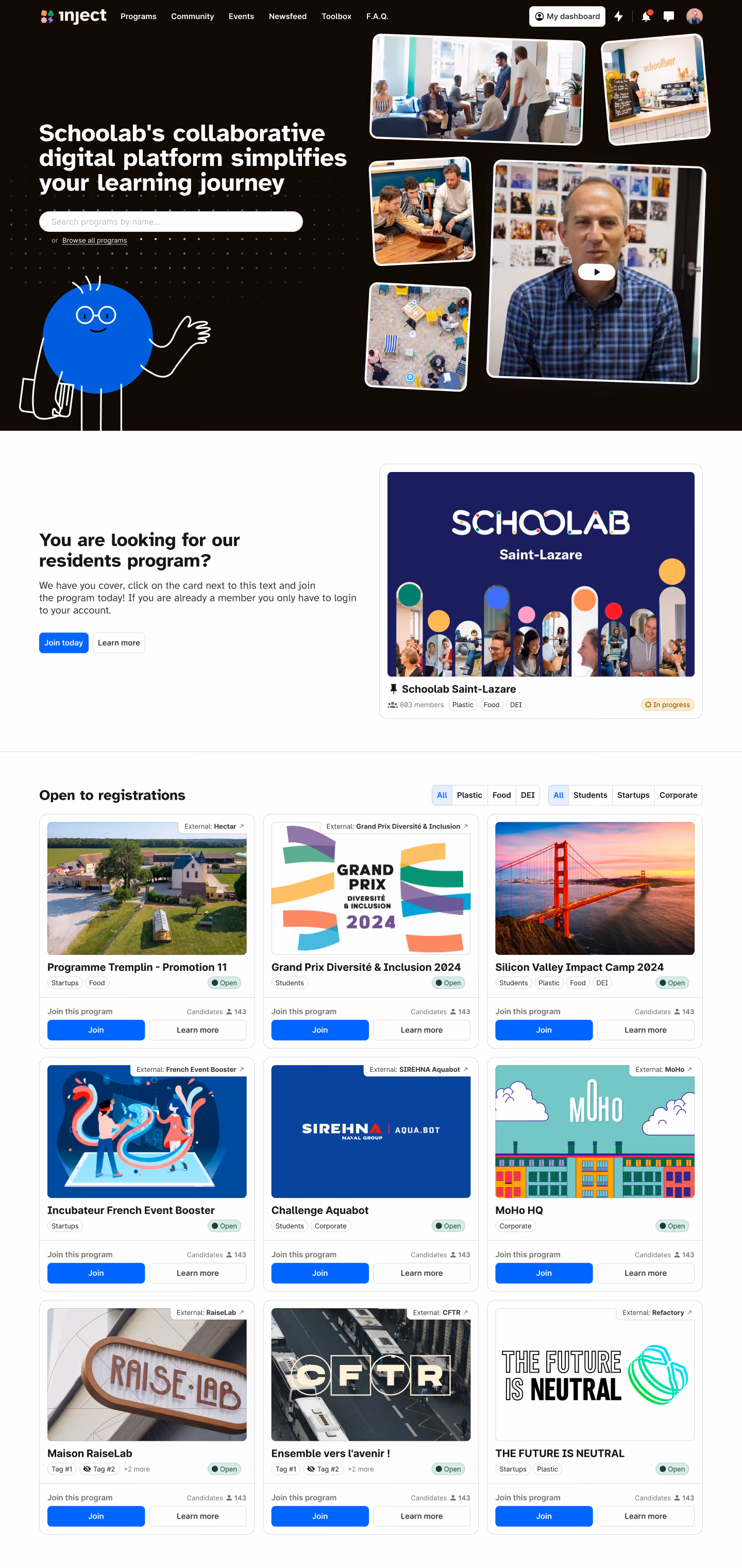 A landing page for an organization, showcasing different programs