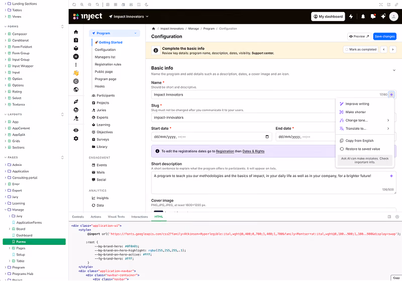 Storybook ui showing a configuration page for a program