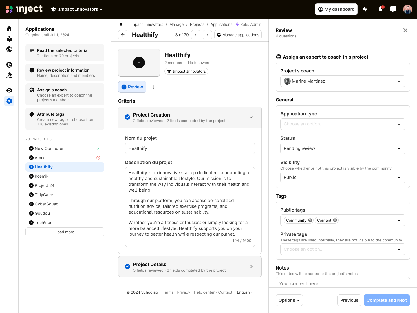 Dashboard for reviewing the Healthify project with criteria, coach assignment, tags, and notes panels visible.