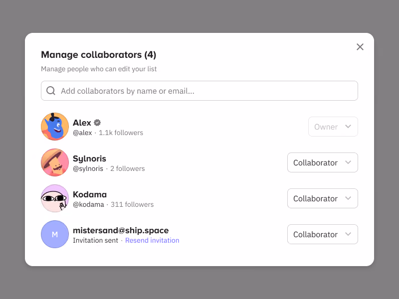 Manage collaborators modal