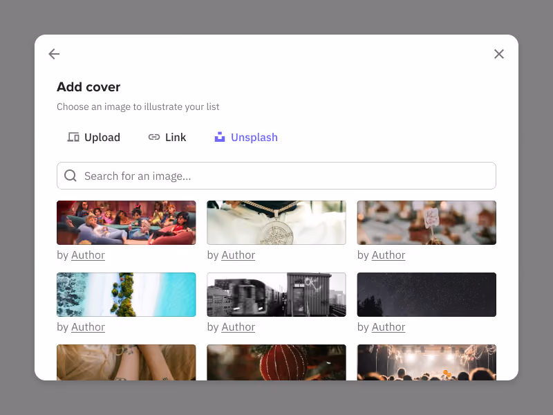 Add cover modal, with options for upload, link or Unsplash images