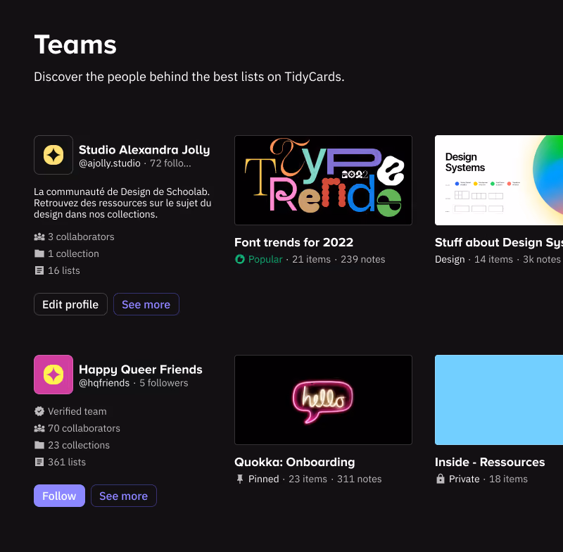 List of collaborative teams with their lists