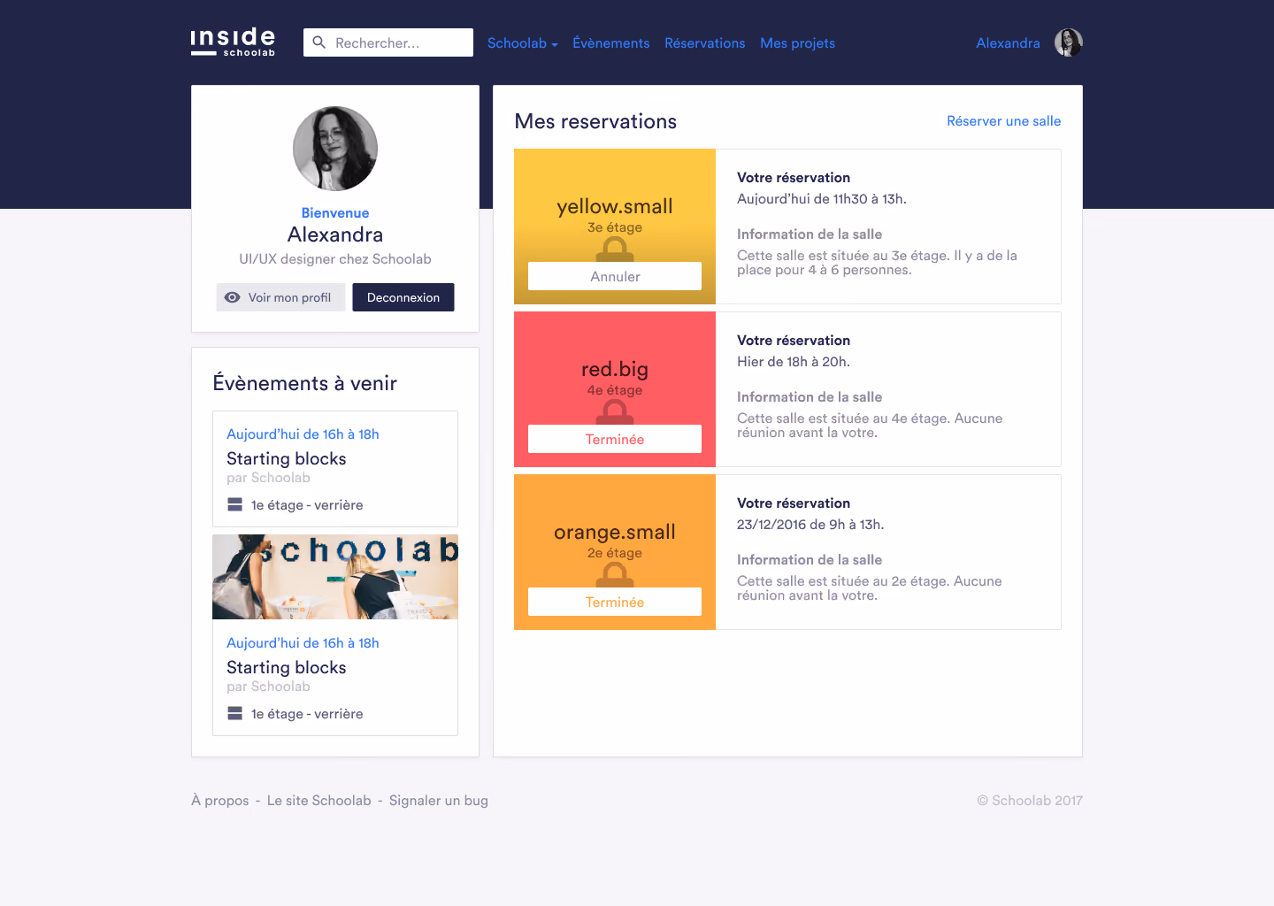 User dashboard with bookings and events