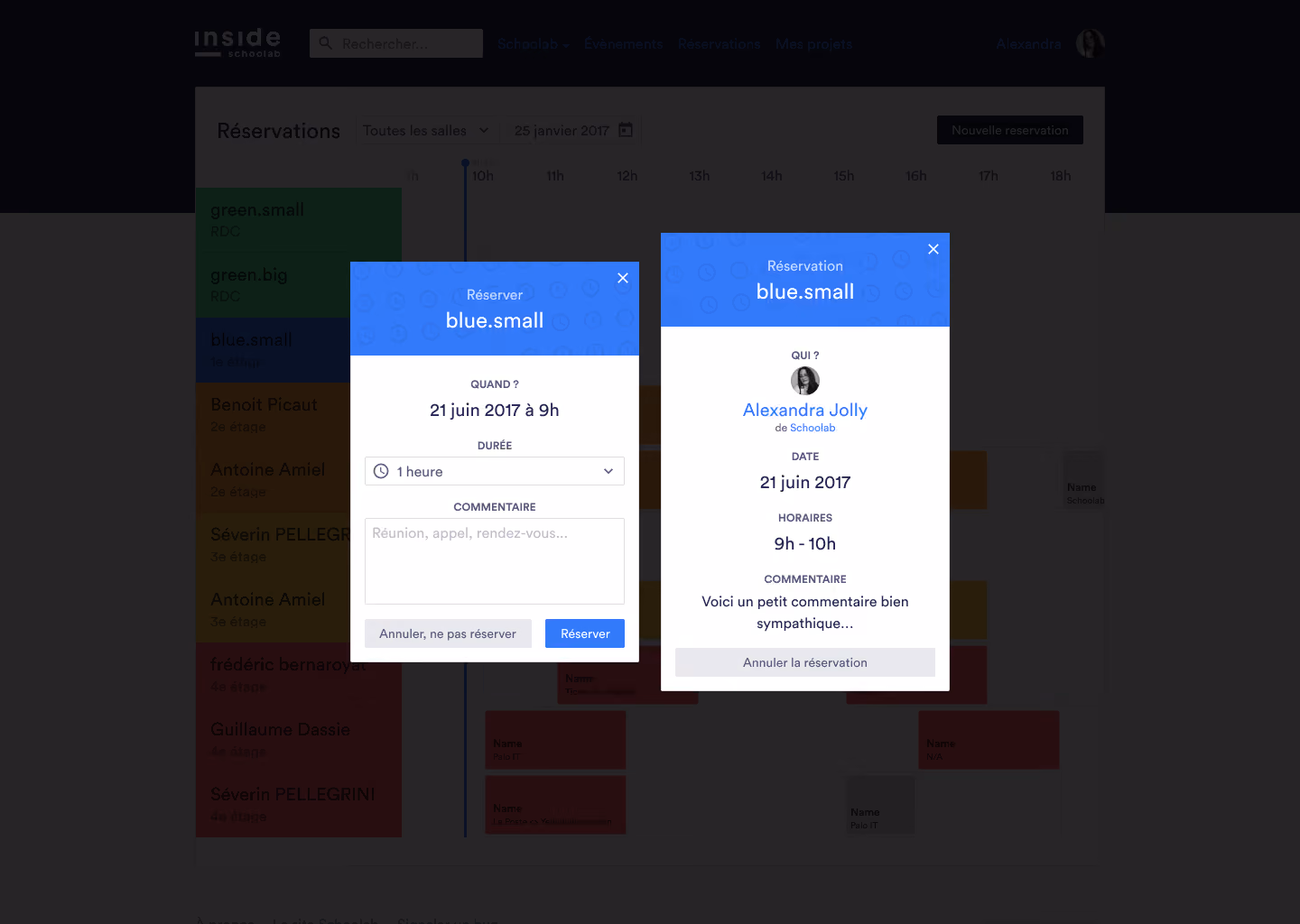 Booking modals, left: new booking, right: booking details and cancel booking