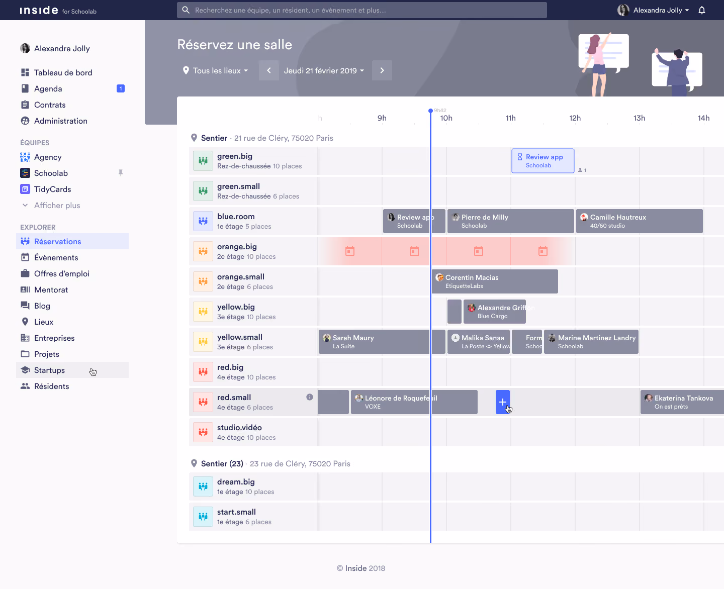 Bookings timeline showing available meeting rooms for the day