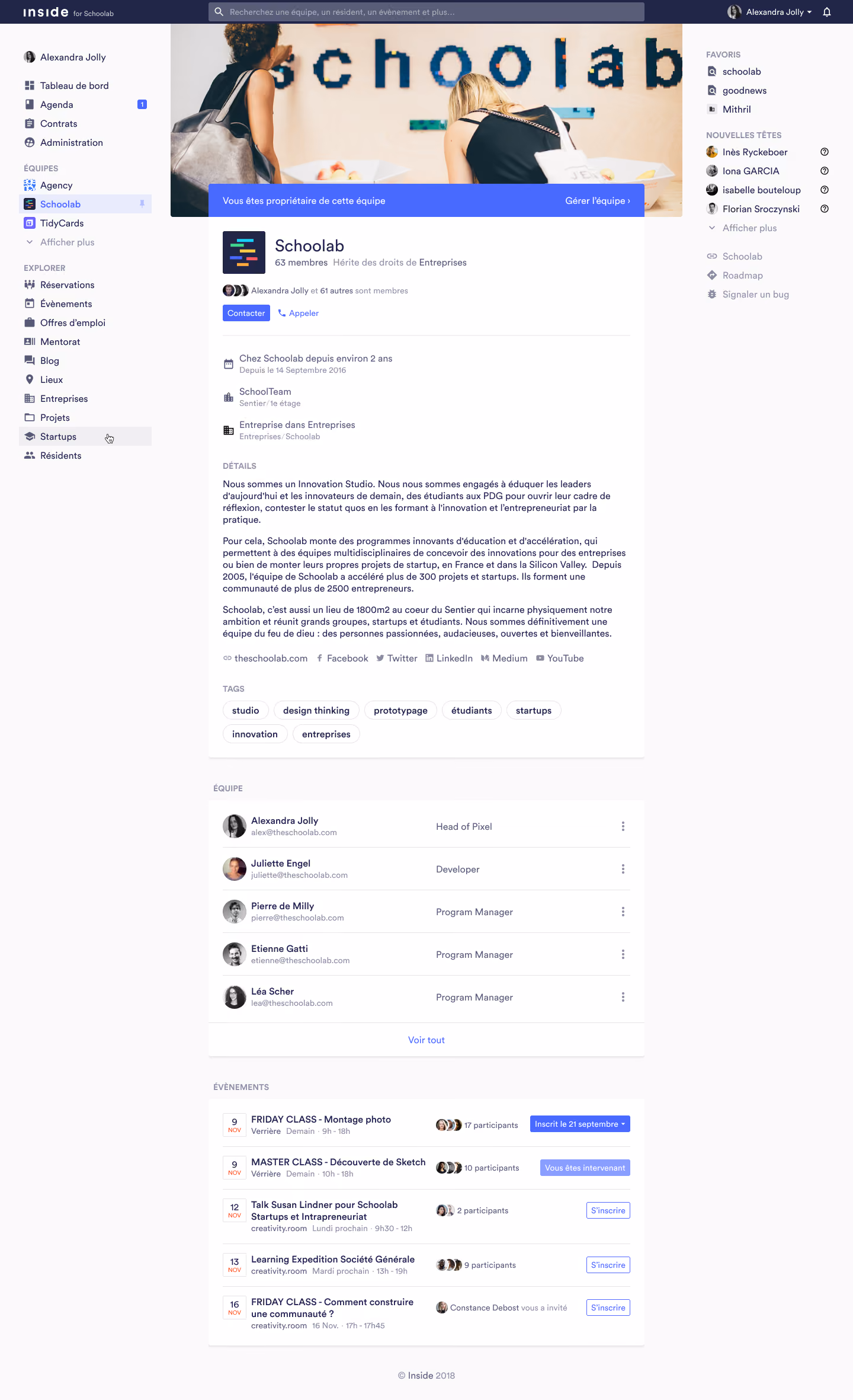 Team page with profile details