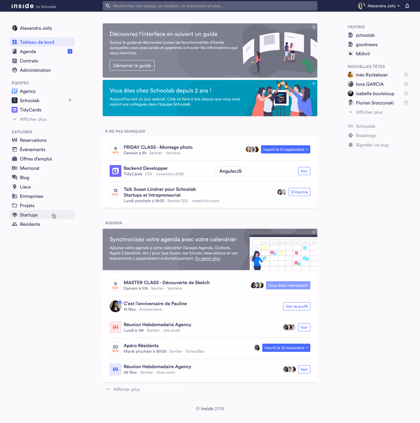 User dashboard with bookings and events