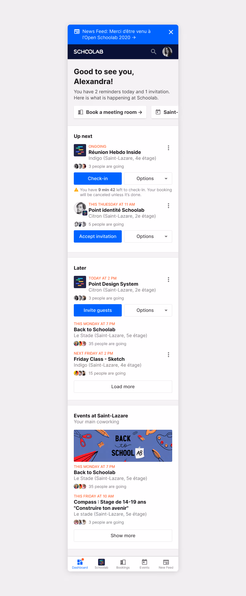 User dashboard with bookings, invitations and events