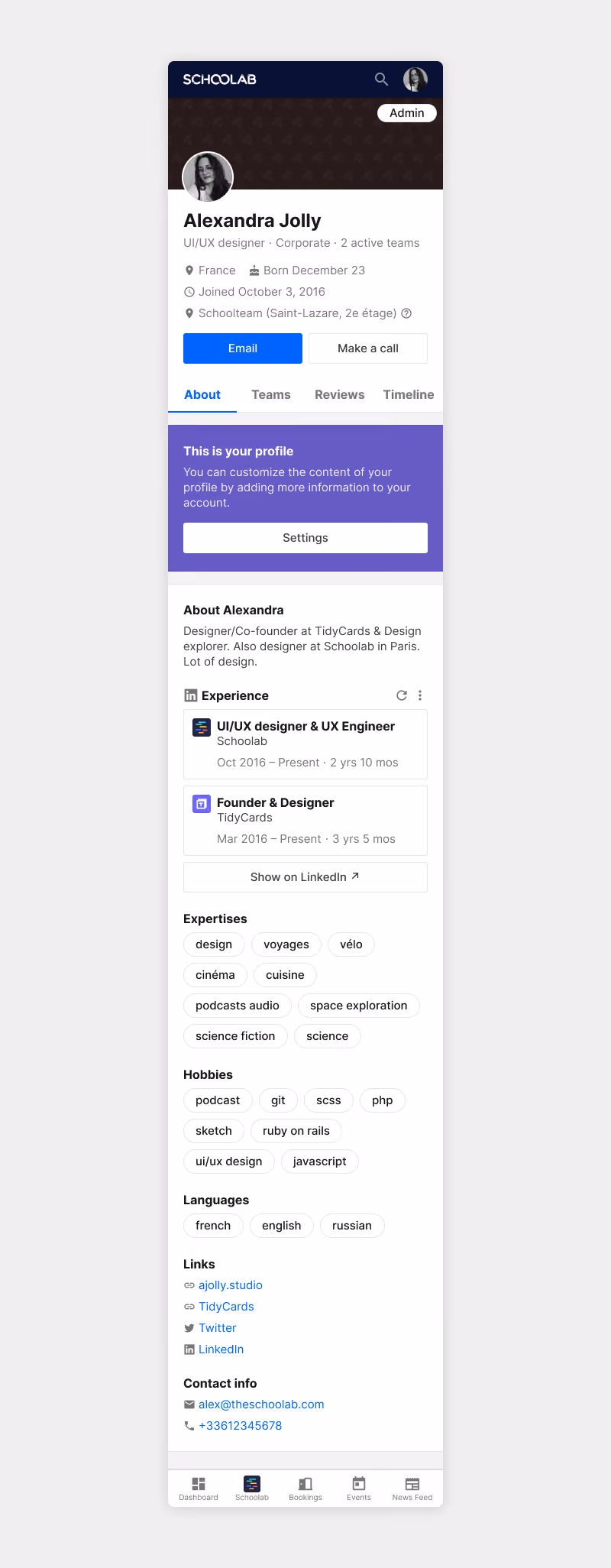 User profile with a bio and links