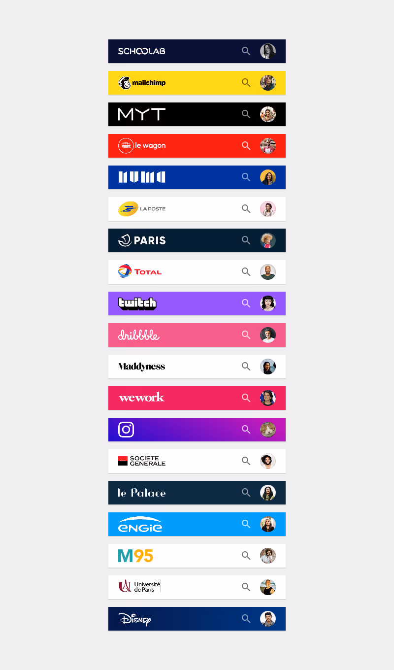 Examples of navbar with different brandings (like Schoolab, Mailchimp or Ville de Paris)