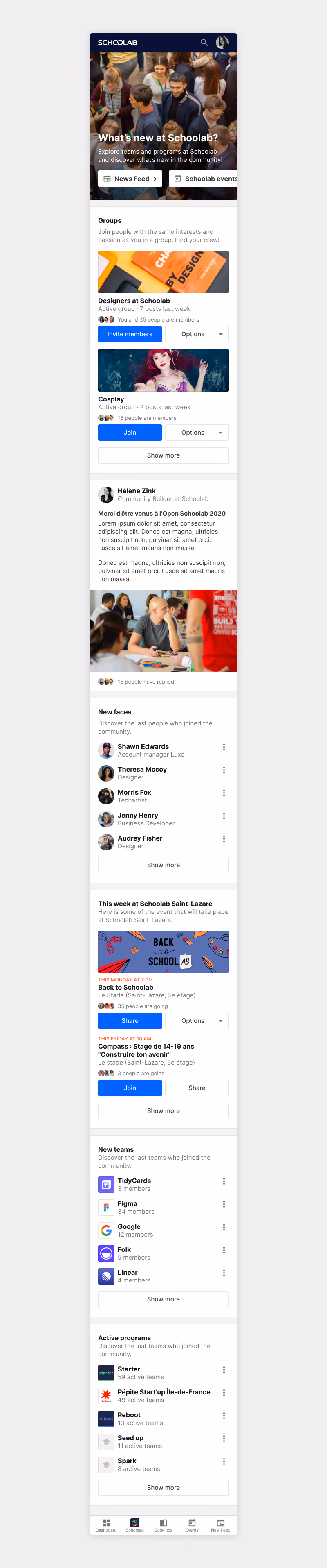Community page with groups and a news feed