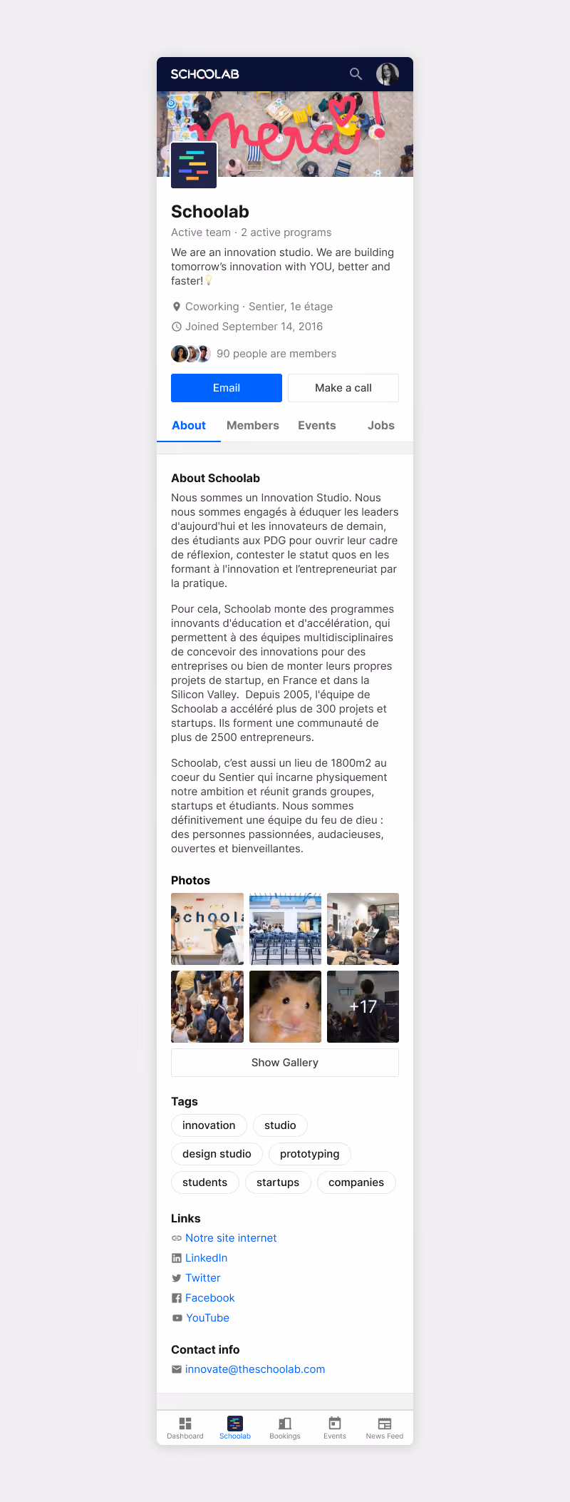 Team page with a description, photos and links