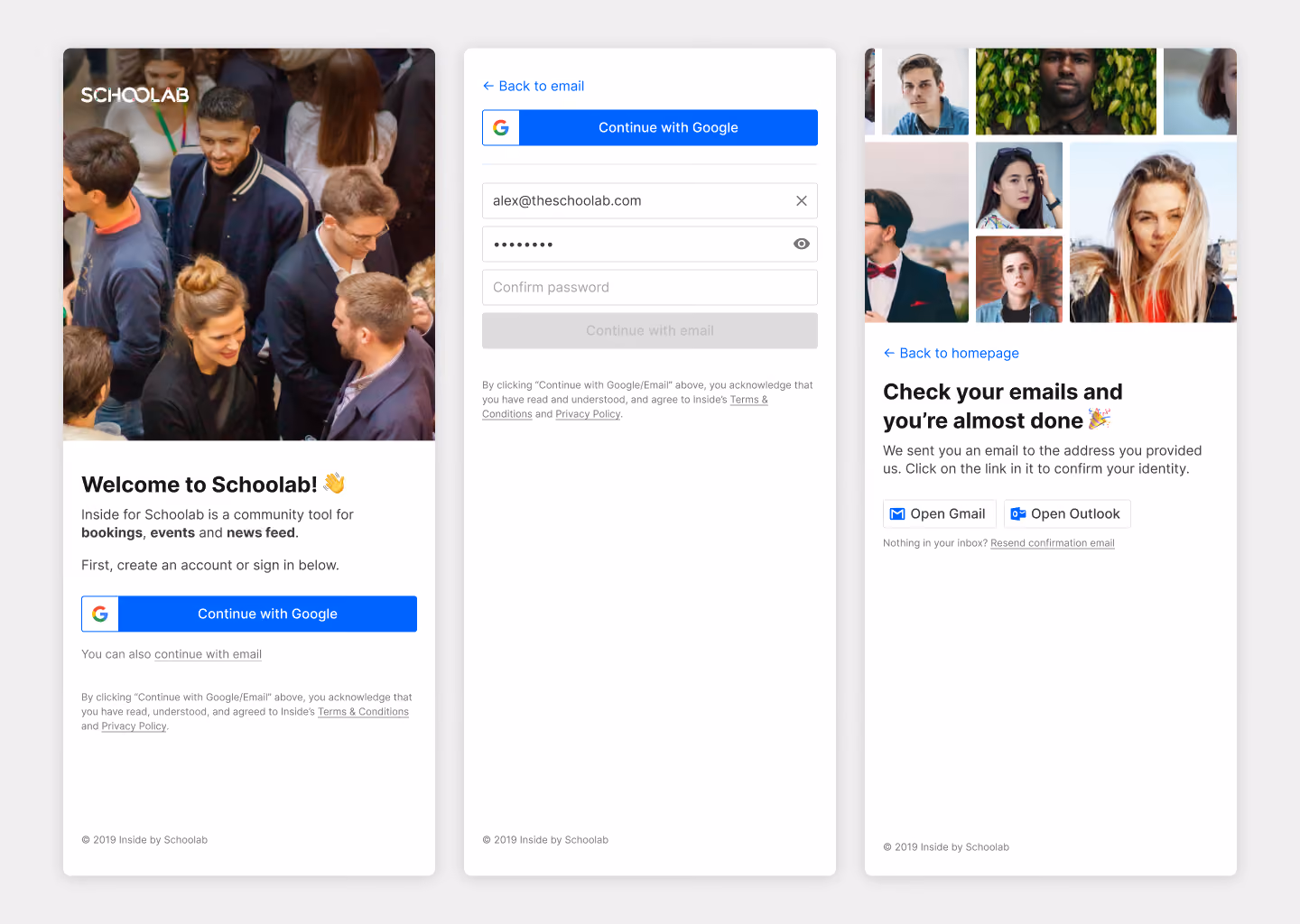Signup flow: login with google page, signup form and confirmation page.