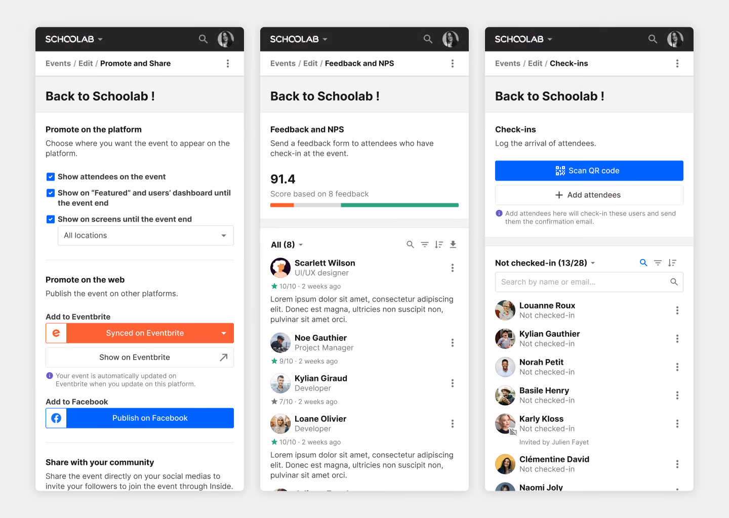 3 edit event screens: sharing to Eventbrite, NPS and QR code check-ins