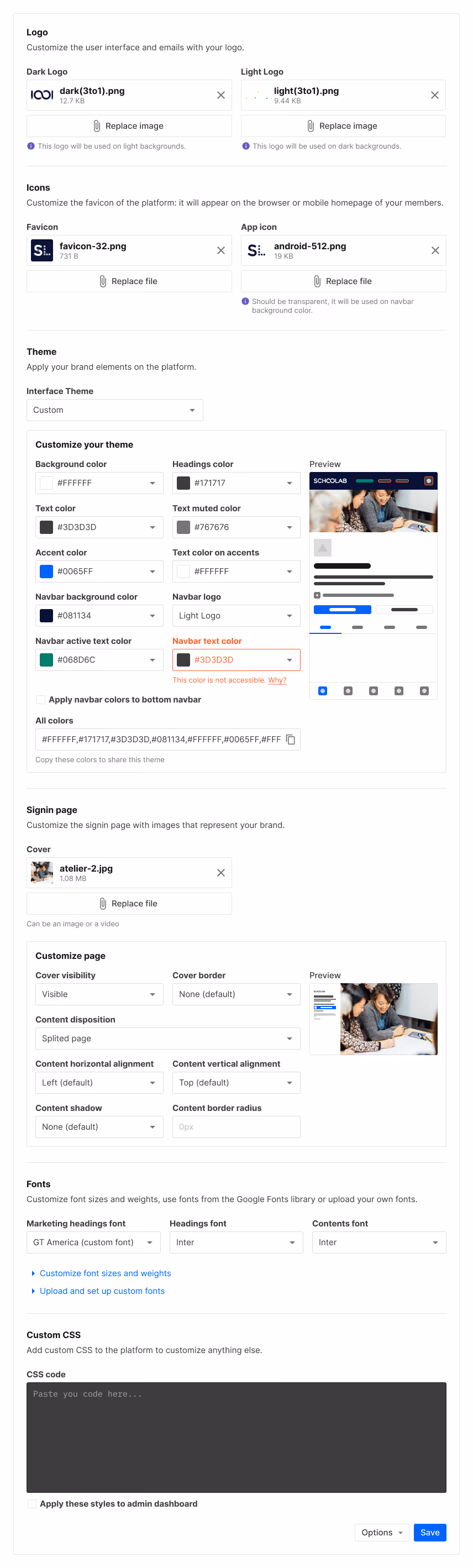 Branding form with customizations for logos, colors, fonts and custom code