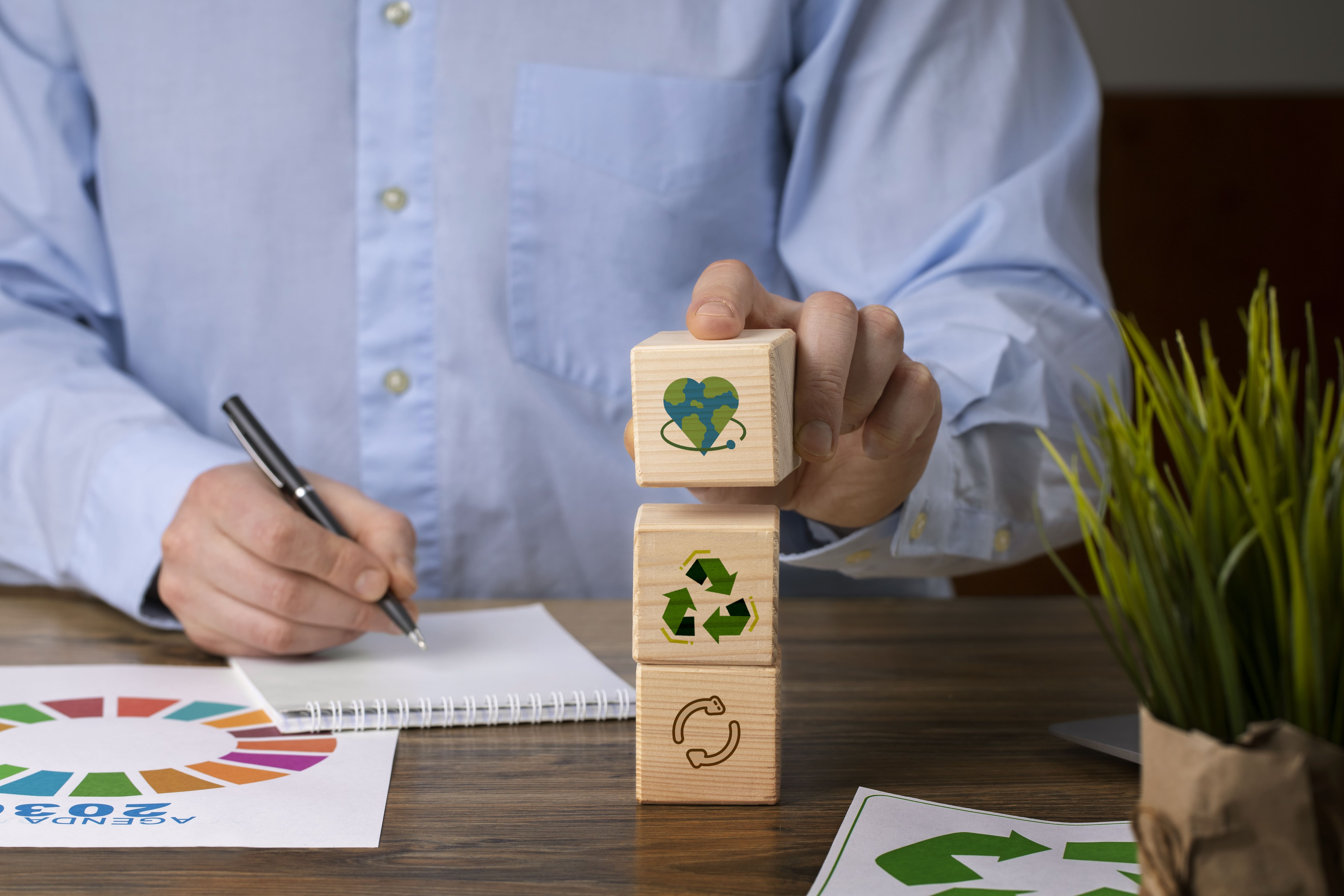 homme avec des blocs de bois ecologie