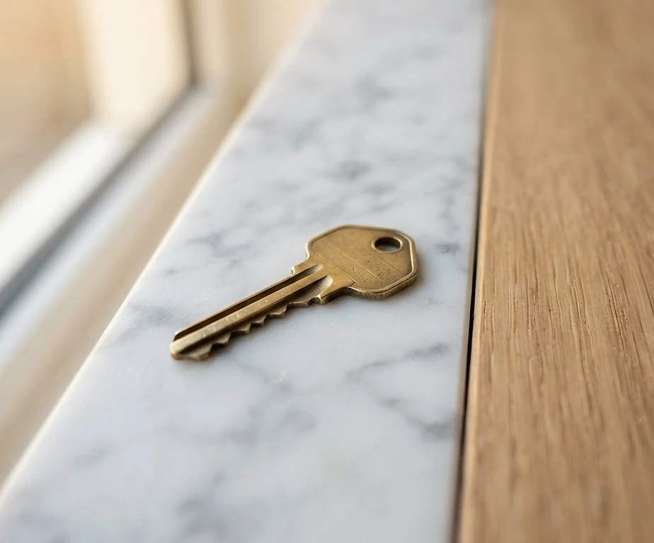 A brass house key resting on marble
