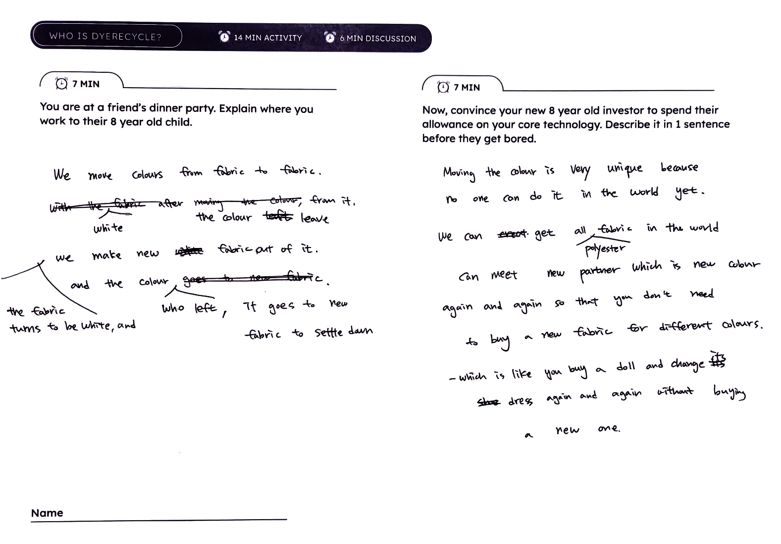 A participant's mission worksheet asking to describe what they do to a child.