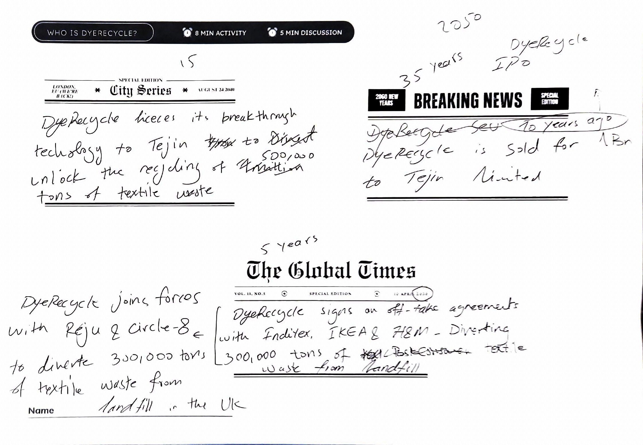 A completed brand worksheet asking for headlines from 2030