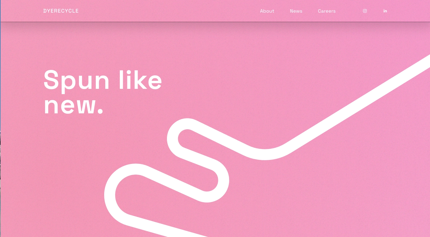 The DyeRecycle landing page with a single white fibre and the phrase Spun Like New.