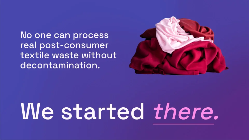 A slide with a gradient background that says', we started there, refering to a pile of colored clothing pictured.