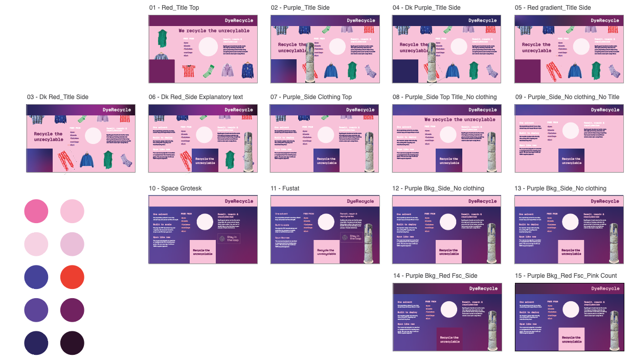 A screenshot from Adobe Illustrator of 15 art boards, each with different layouts, messaging, and color combinations for the exhibit design.