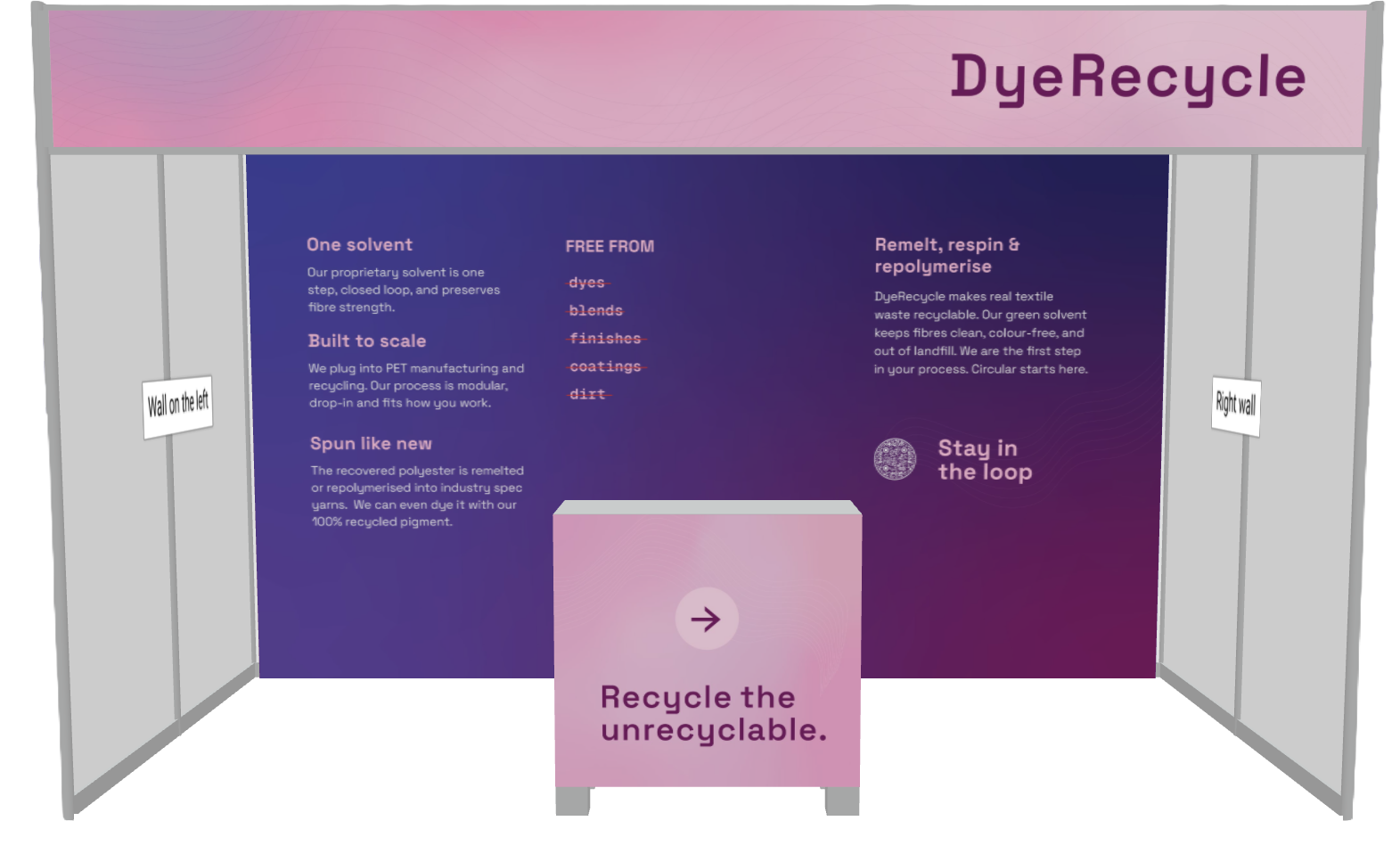 Model of DyeRecycle exhibit stand rendered in 3D