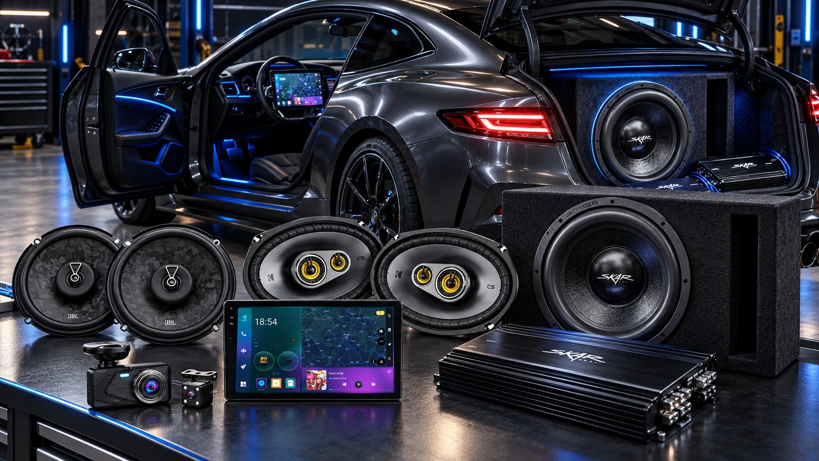 Sports car with touchscreen radio, JBL and Kicker speakers, Skar subwoofer and amplifiers, dashcam and backup camera illustrating RM Tech Canada audio upgrades.