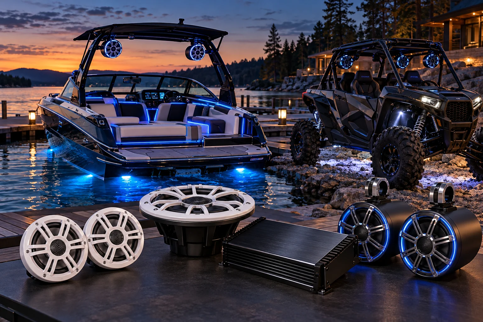 Boat and off-road UTV with LED lighting, marine speakers, subwoofer, amplifier and tower speakers illustrating RM Tech Canada audio and lighting upgrades.