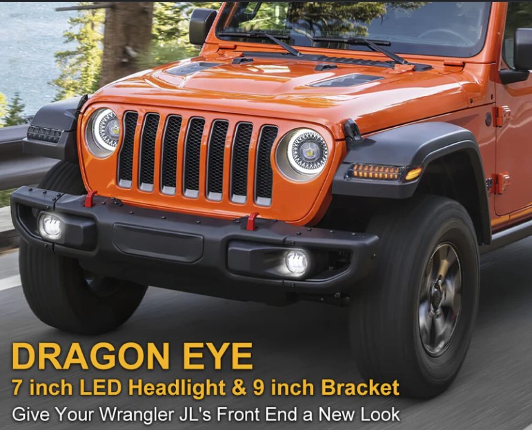 7 inch Dragon Eye Headlights with Amber Turn Signals + 4 inch Fog Lights with Halo Ring Kit for Wrangler 1997-2017 JK TJ LJ