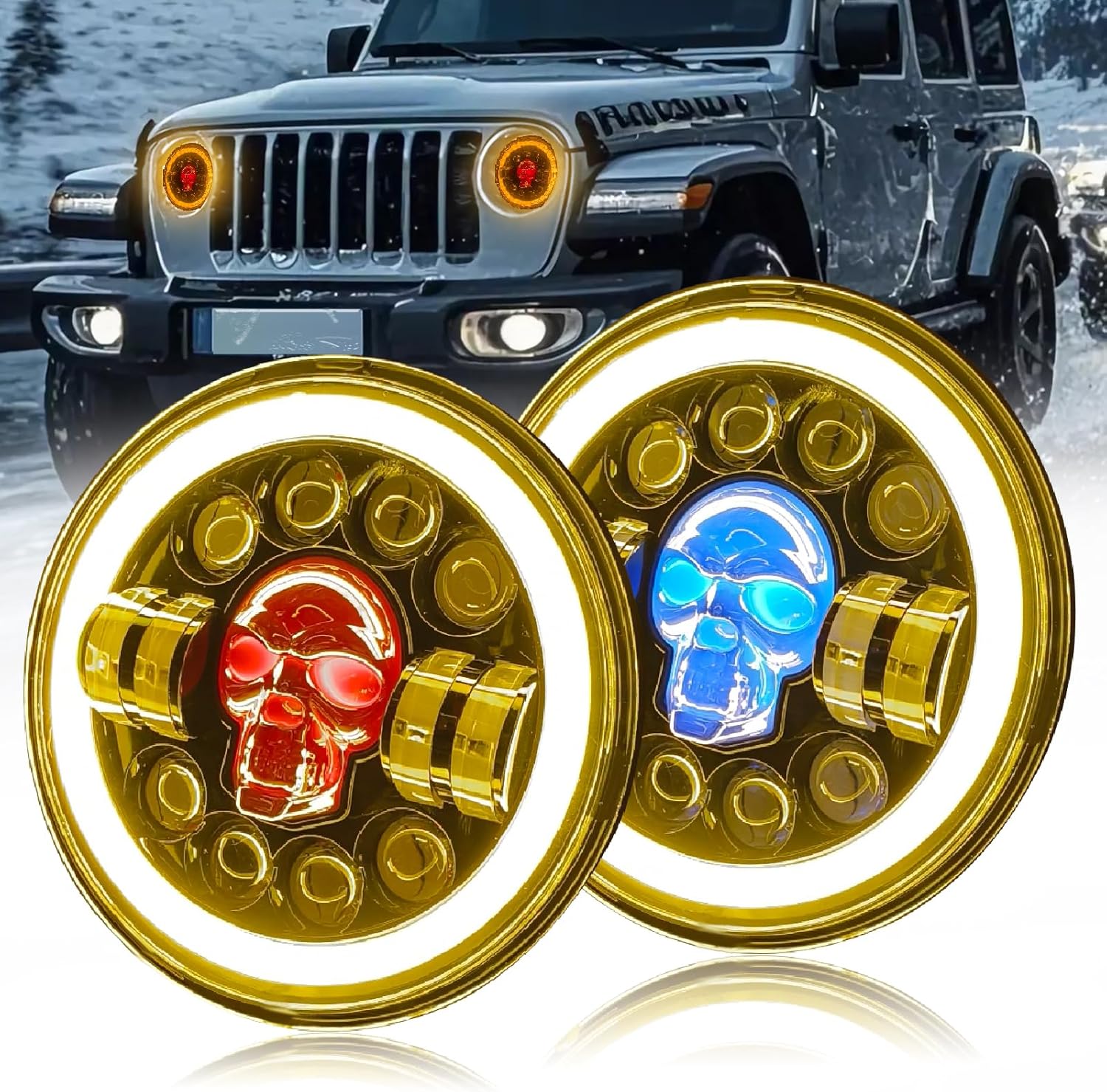 RGB Skull LED Headlights with Amber Halo — Pair