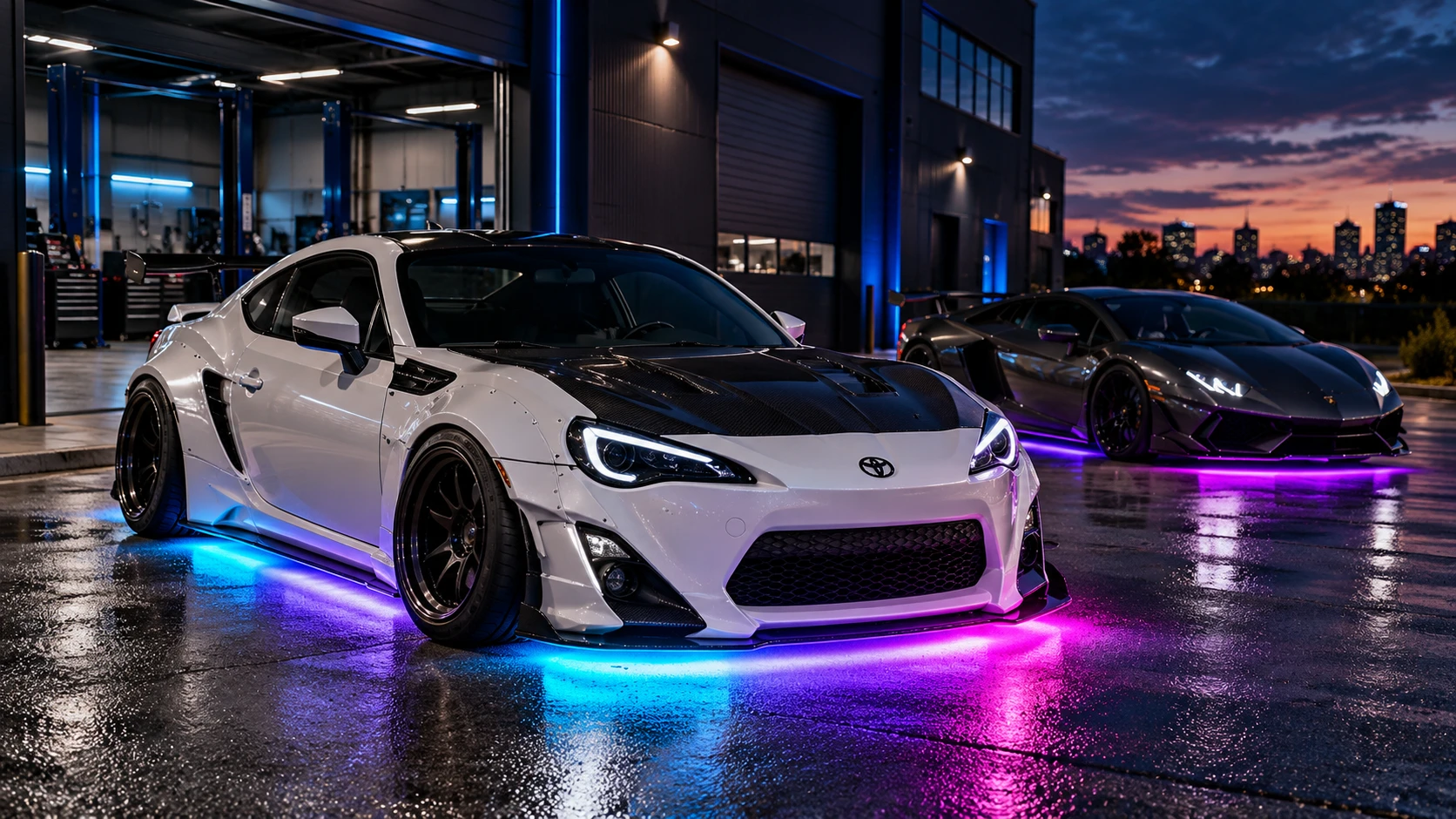 Illustration of two sports cars with cyan and purple underglow lighting.