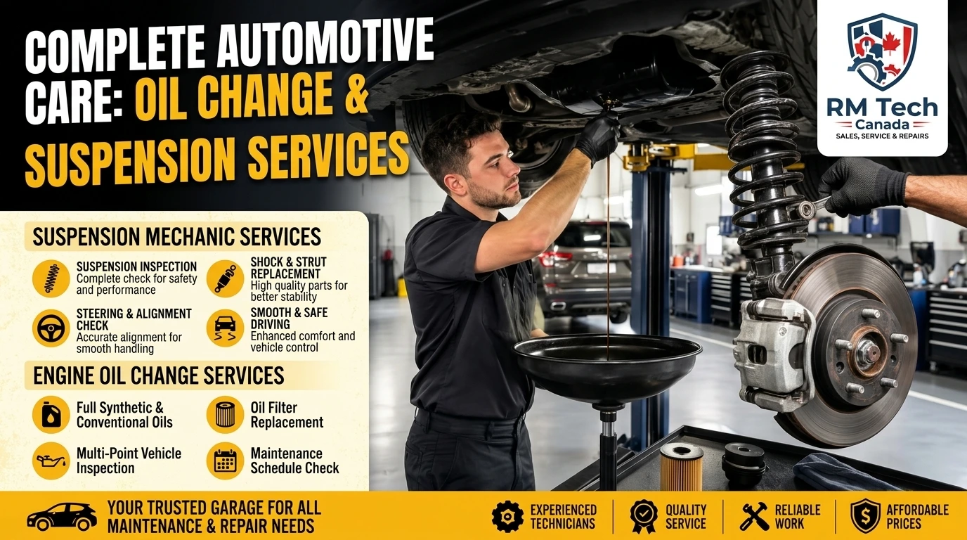 RM Tech Canada oil change and suspension services graphic showing a technician, oil drain pan, filter and suspension components.