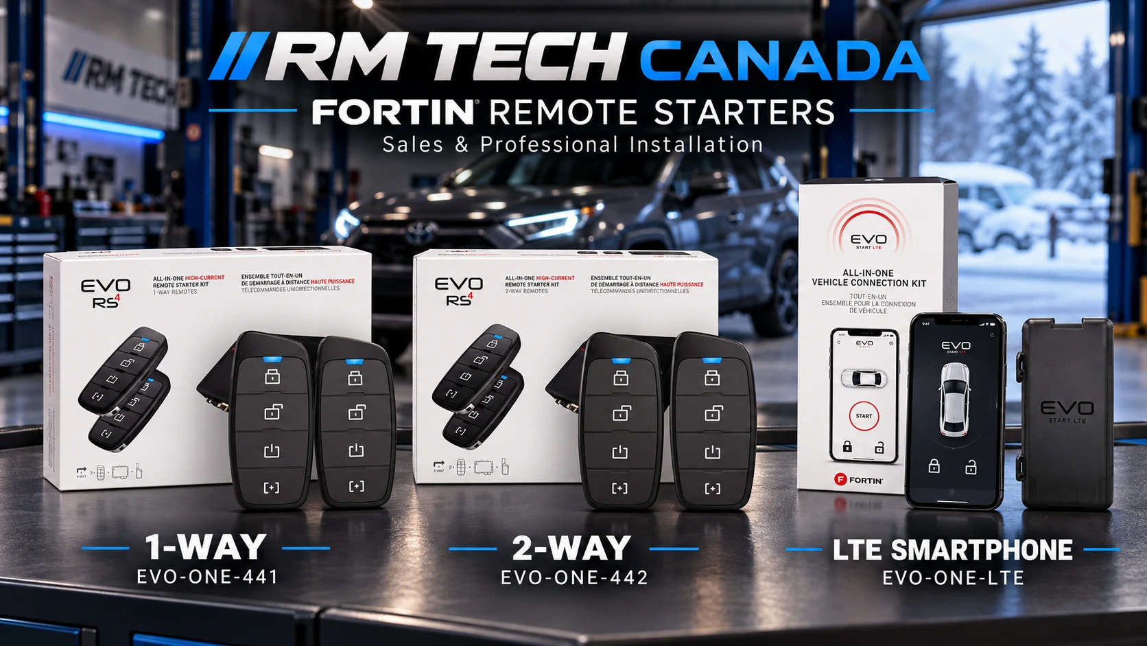 Ensembles de démarreurs à distance Fortin EVO-ONE unidirectionnel, bidirectionnel et LTE, illustrant les produits proposés par RM Tech Canada.