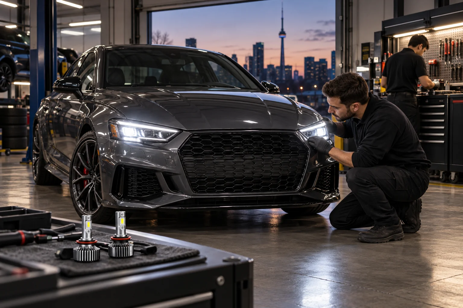 Illustration d’un technicien vérifiant les phares LED d’une voiture dans un atelier, avec des ampoules LED au premier plan.