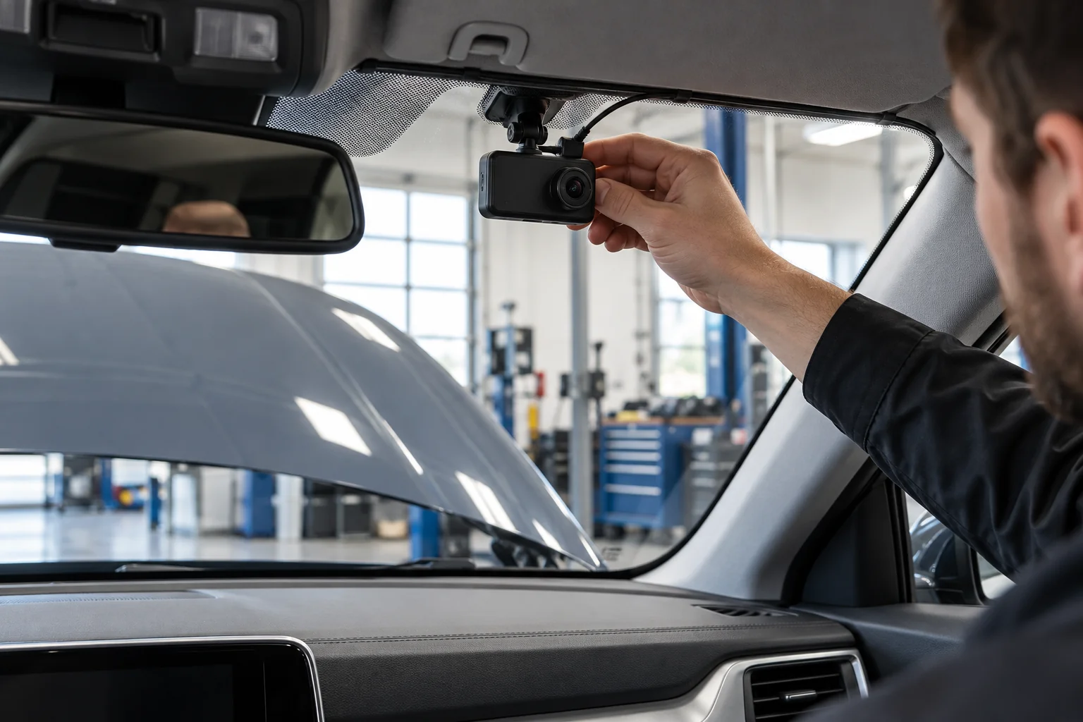 Illustration of a technician checking a windshield-mounted dashcam beside the rearview mirror.