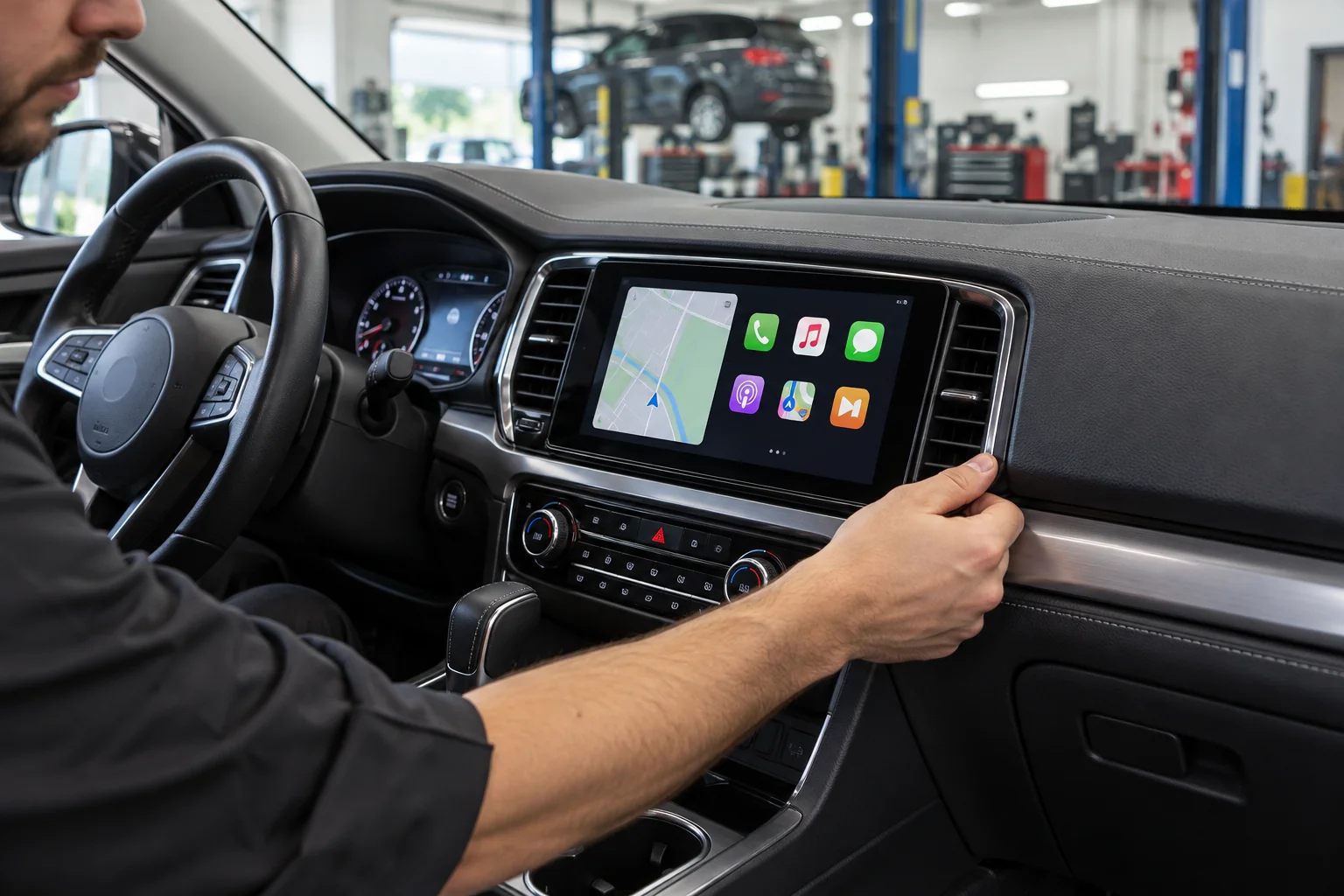 Illustration d’un technicien ajustant une radio à écran tactile avec navigation et applications de téléphone dans un tableau de bord.
