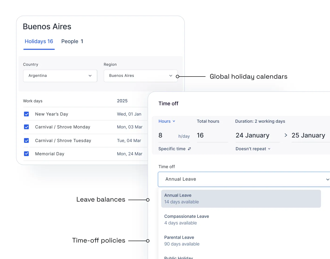 Two modals where one shows the global holiday calendar settings in Float and the other shows time off settings and leave balances in Float.