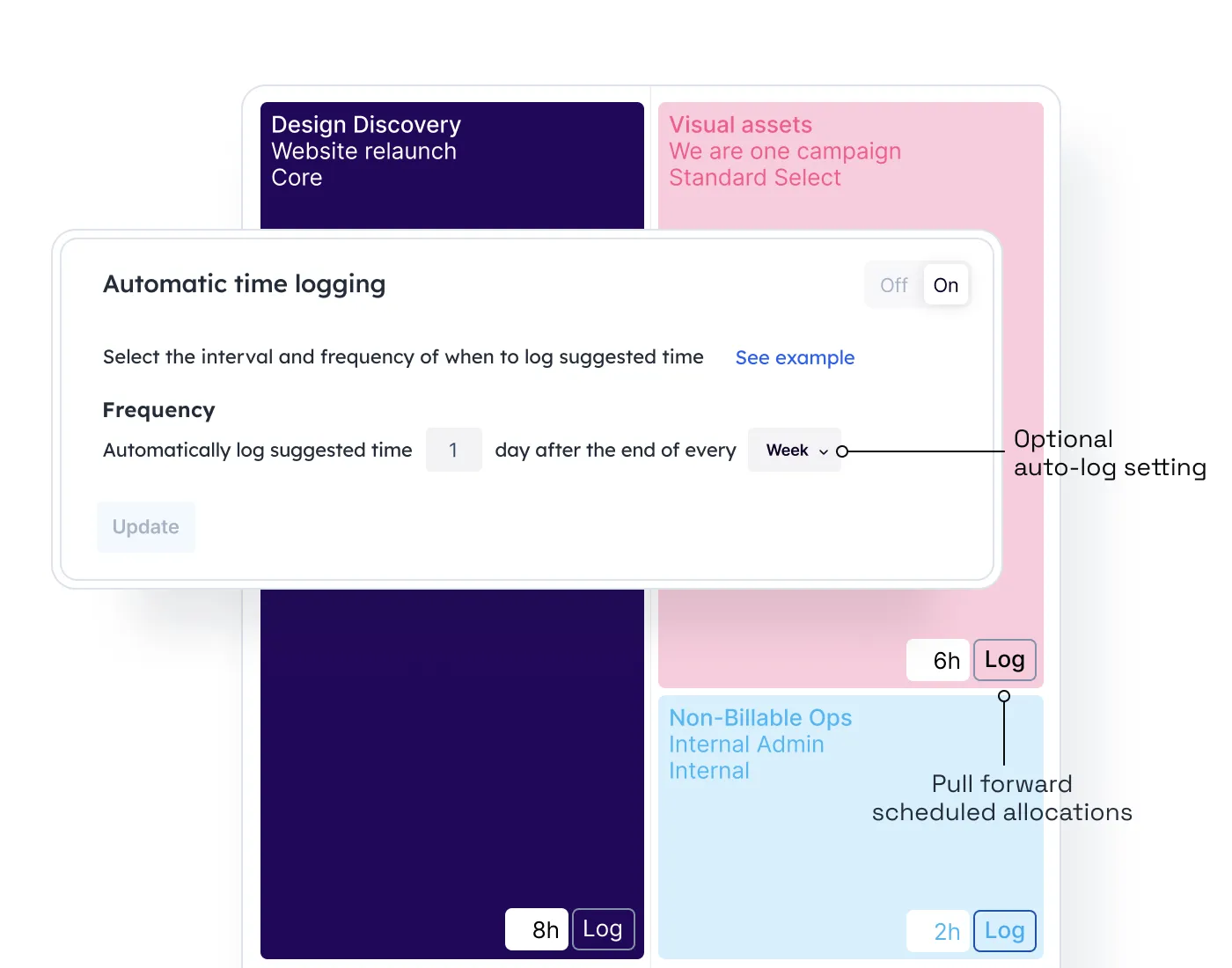 A modal that zooms in on logged time from a Float pre-filled timesheet and also shows automated time log settings.