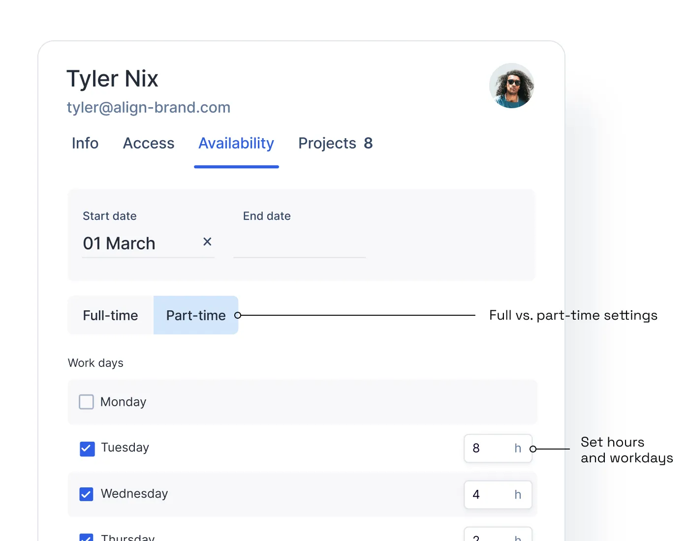 A modal that shows you that you can set up people as full-time or part-time employees in Float, track their workdays, and also set the number of hours they work per day.