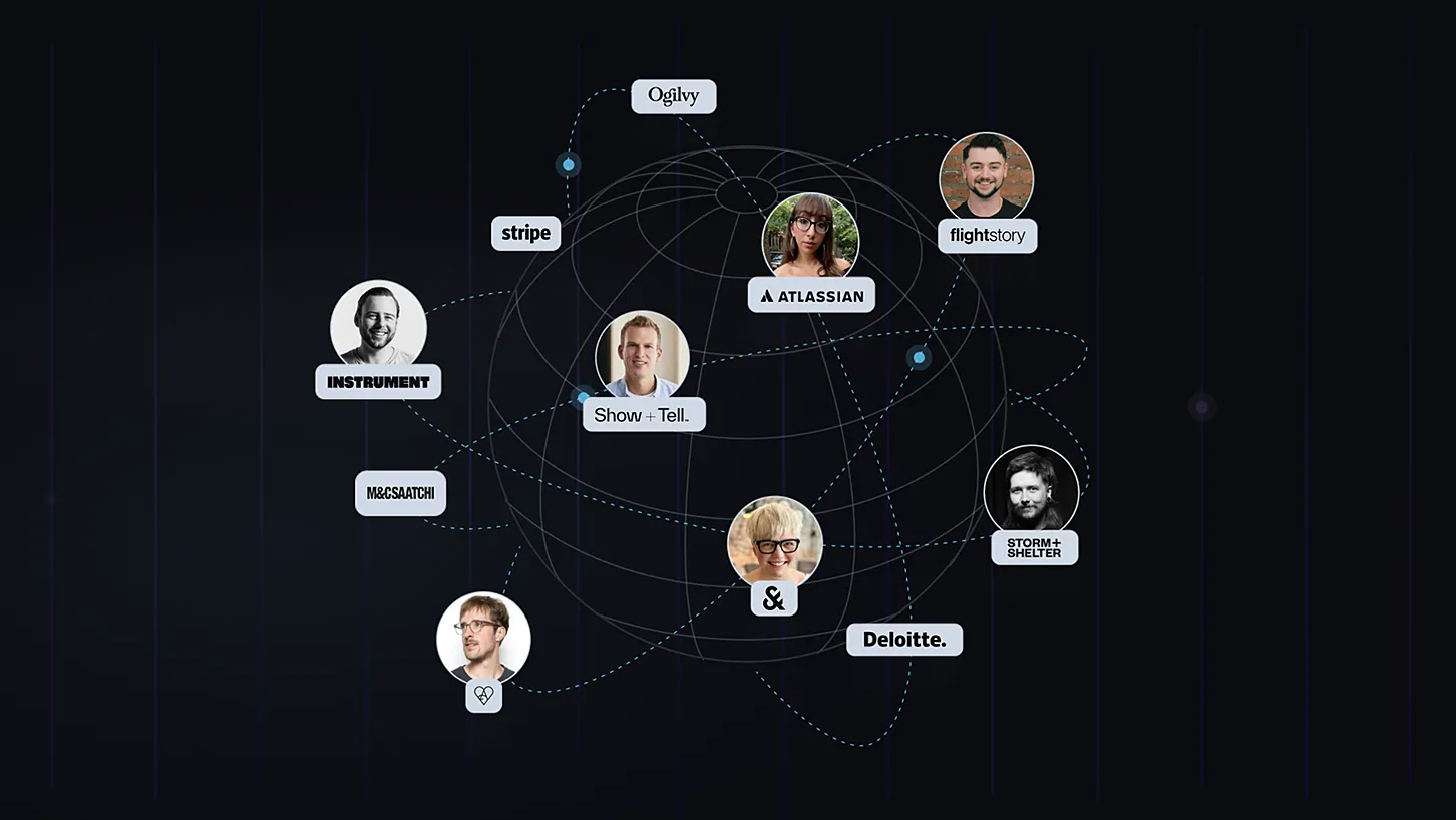 Globe with connecting points that point out  Float customers with their headshots + logos