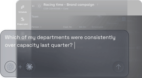 Interface screenshot showing a chat input asking, 'What’s my average profit margin across all active projects in Float?' with icons for ChatGPT and another AI tool below the text box.