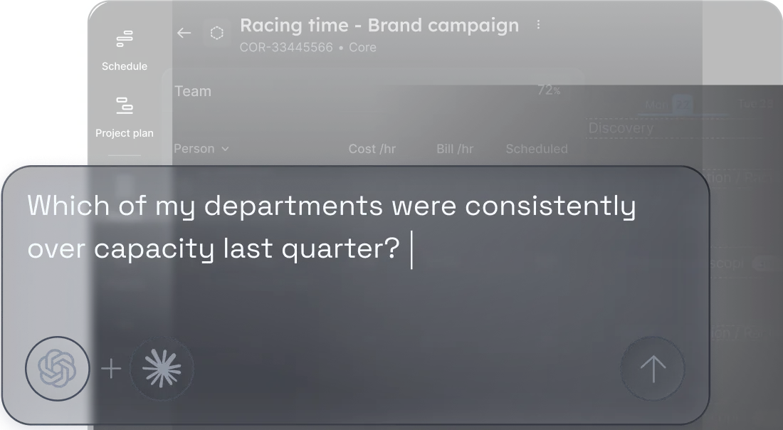 Interface screenshot showing a chat input asking, 'What’s my average profit margin across all active projects in Float?' with icons for ChatGPT and another AI tool below the text box.