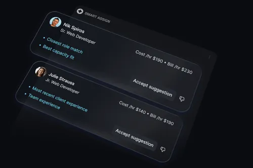 User interface showing two developer profiles with roles, hourly cost and bill rates, highlights, and accept suggestion buttons.