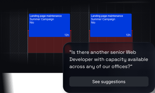 Dark schedule board showing two blue blocks labeled 'Landing page maintenance Summer Campaign Nio' each marked 8h, with a pop-up message asking about availability of a senior Web Developer and a button labeled 'See suggestions'.