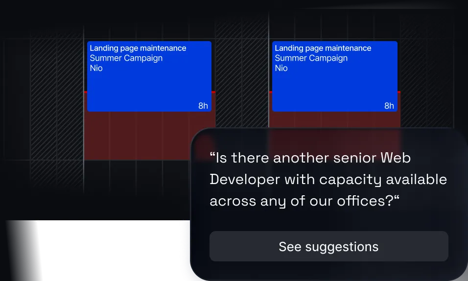 Dark schedule board showing two blue blocks labeled 'Landing page maintenance Summer Campaign Nio' each marked 8h, with a pop-up message asking about availability of a senior Web Developer and a button labeled 'See suggestions'.